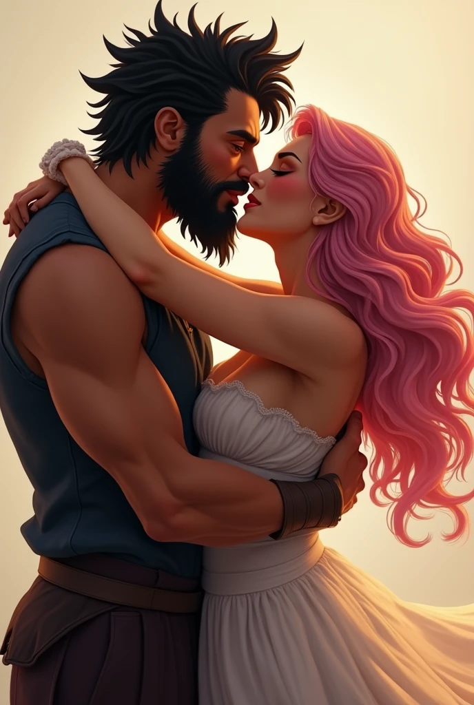 Male black hedgehog haired Person with beard hugs a female pink haired woman very tight, their lips intertwined and his hand on her cheek, after a long time apart 