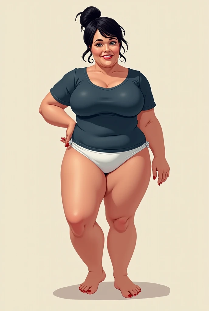 housewife、sprint,sex slave,fat and oily fighter,sprint,dirty talk, dressed in a dark blue t-shirt and a white bikini, black hair with a bun, Sowing press,50 years old,(masterpiece, best qarity:1.2), 1ガール, alone,standing upright_to divide,big boob,、great butt、 ,muscular、busty,hentai, full body. legs fat.