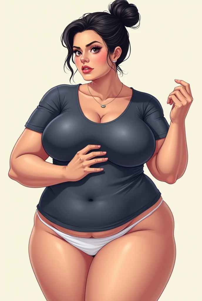housewife、sprint, slave,fat and oily fighter,sprint,dirty talk, dressed in a dark blue t-shirt and a white bikini, black hair with a bun, Sowing press,50 years old,(masterpiece, best qarity:1.2), 1ガール, alone,standing upright_to divide,big booreat butt、 ,ular、busty,hentall bods fat.