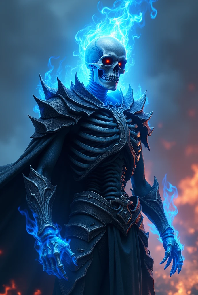 Digital fantasy artwork featuring a highly detailed, anatomically correct skeletal warrior engulfed in vibrant blue flames. The subject is a menacing figure clad in intricately designed, dark, jagged armor with a tattered black cape flowing behind. The skull, devoid of flesh, is illuminated by intense blue flames that also envelop the upper body, creating a stark contrast against the dark armor. The background is a blend of blue and orange hues, suggesting a fiery, otherworldly environment. The overall composition is dynamic and dramatic, emphasizing the supernatural and formidable nature of the character, worthy of an award-winning masterpiece in 4K resolution.
