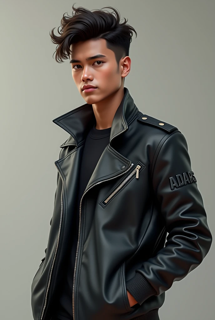 A handsome boy wears leather jacket and on the jacket written Adarsh