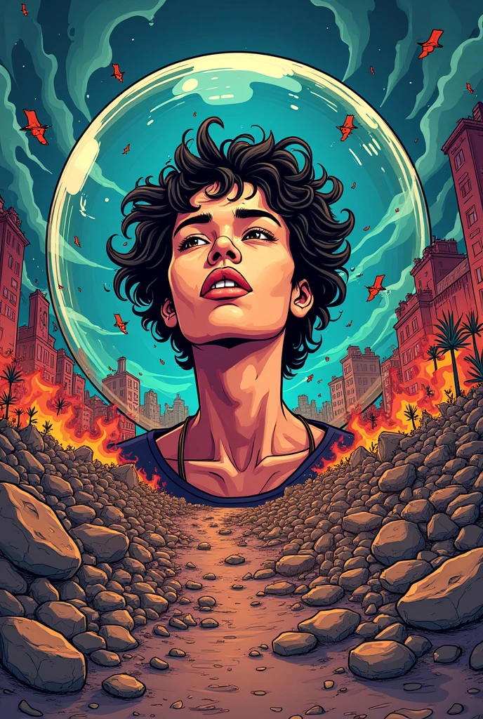 Create a comic starting with the first page being the cover on a full page about a person and the world being a mess but the person in a bubble the next page is going to be an interview with a person