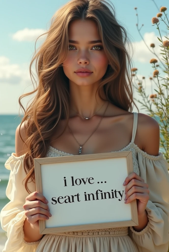 Beautiful girl with wavy long hair, bohemian dress, holding a white board with text "I Love Seaart Infinity" and showing it to the viewer