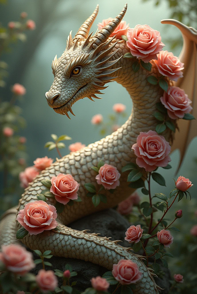 Dragon with rose flowers