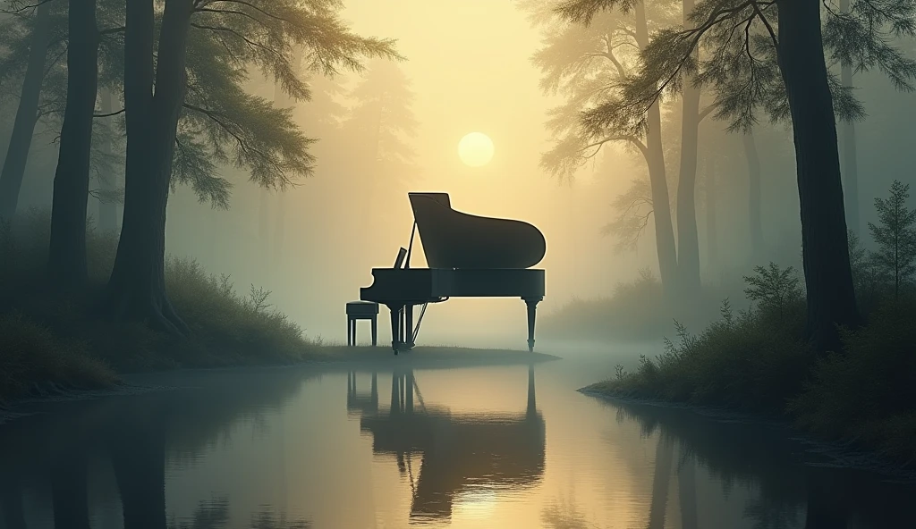Tall tree々The painting depicts a landscape of a large black grand piano set in a forest reflected in the calm water.。The atmosphere is shrouded in mist、The light shines through the fog、Creates a warm golden glow。This image captures the peace and beauty of nature.、Fog and reflections evoke feelings of serenity and introspection.