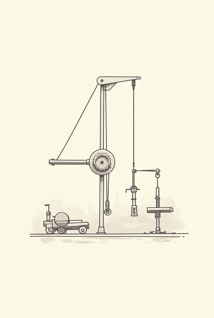 Create machine image with the following elements: Lever, Inclined plane, Cuña, wheel, pulley, screw, rope, bow and hoist. Let it be a simple drawing