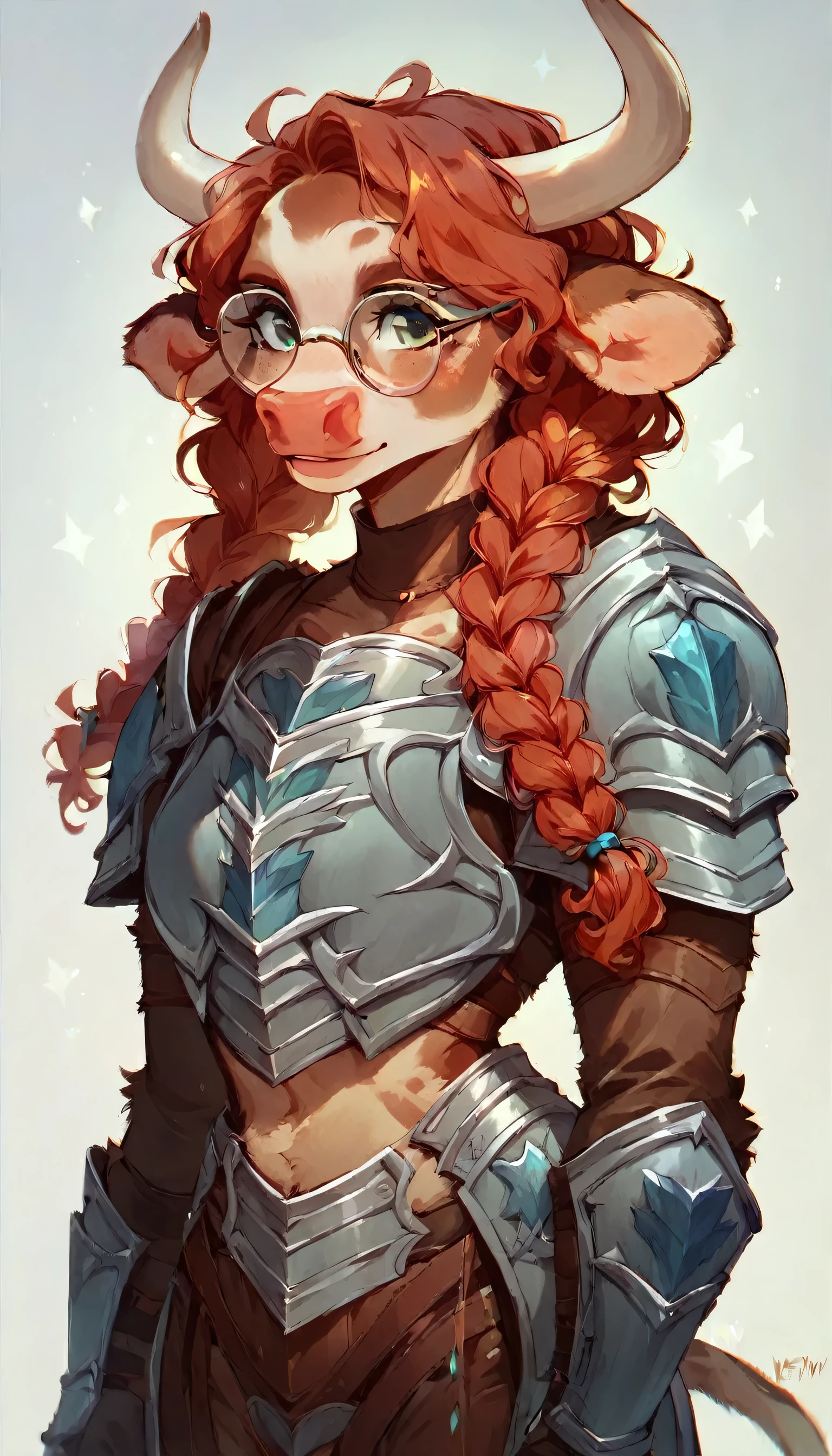 (NSFW, Revealing Bovine Armor:1.3)sexy bovine woman, Furry, spotted fur, wavy red hair, braided pigtails, glasses