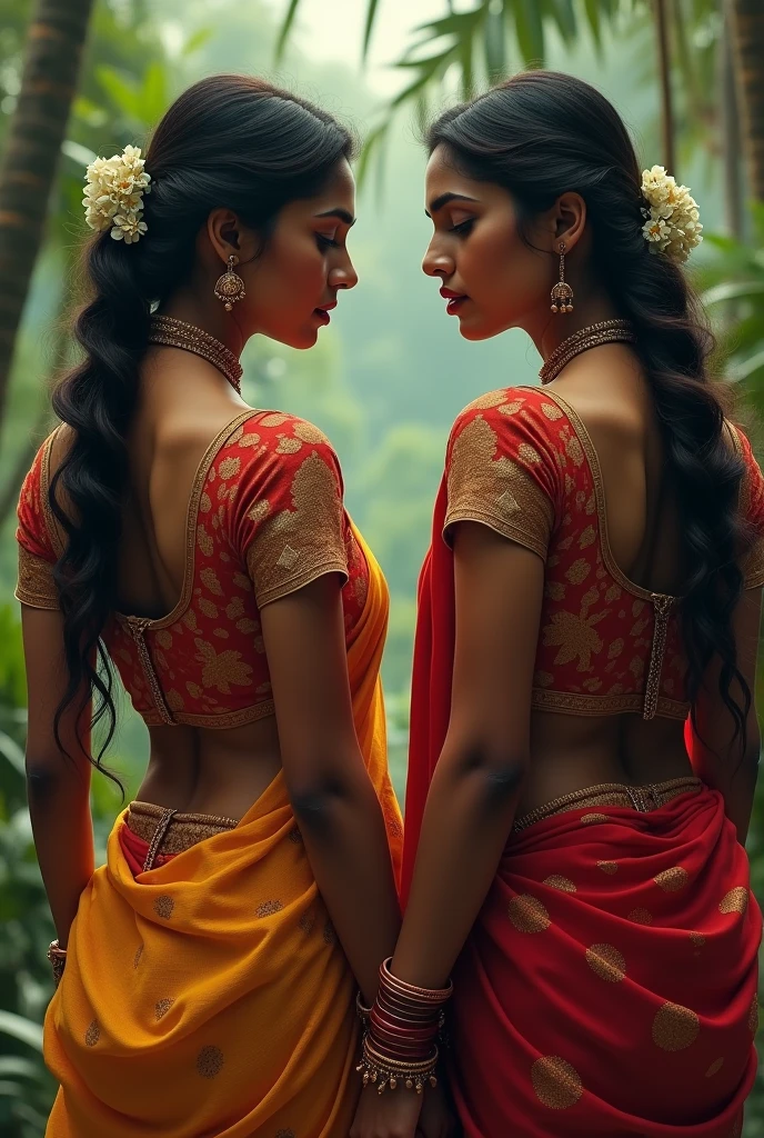 Two women in kerala saree with deep neck blouse showing off their back in jealousy and hatred.