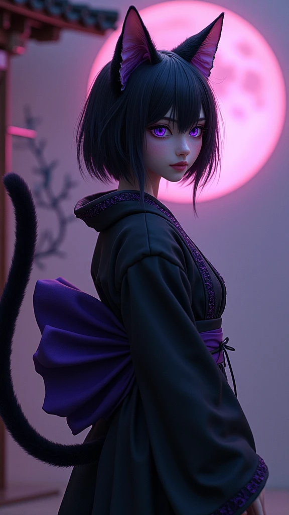 furry cat girl ,anthropomorphic, small cat ears, fur covered succubus tail, medium sized breasts, blue slightly violet colored cat eyes, thin slit irises, thin iris, violet mist aura, small closed lip smile, body, black kimono laced with dark purple linen, angle on the left side, furry body, black fur, violet claws, furry person, paws, cat face, muzzle, Japanese background, paws, demonic violet aura, long hair, silky hair, straight hair, black fur covering entire body, Multiple tails, small purple demon horns, toe-beans on paws, purple claws, visible paw pads, cute, magical violet aura, black fur, purple gemstone kimono, 9 cat tails. Furry Wings, Medium sized Wings, flying, camera facing the back, back visible.high quality, (RAW photo, best quality), (realistic, photorealistic: 1.4), (extremely delicate and beautiful: 1.4), amazing, fine details, masterpiece, ultra detailed, high resolution, best illustration, best shadow, intricate, ( extremely intricate: 1.2), (exquisitely detailed skin), cinematic light, perfect anatomy, (cool color: 1.4), sharp focus, 8k UHD, DSLR, (Fujifilm XT3),(estilo cinematográfico :1.4), (efectos cinematográfico :1.4), (colores cinematográfico), (anthropomorphic:1.4), (puntos negros en la piel jaguar :1.4), (dark ebony skin:1.4), (nsfw:1.4 ),(nsfw V2.1), (estilo lingerie BodySuit transparente :1.4)