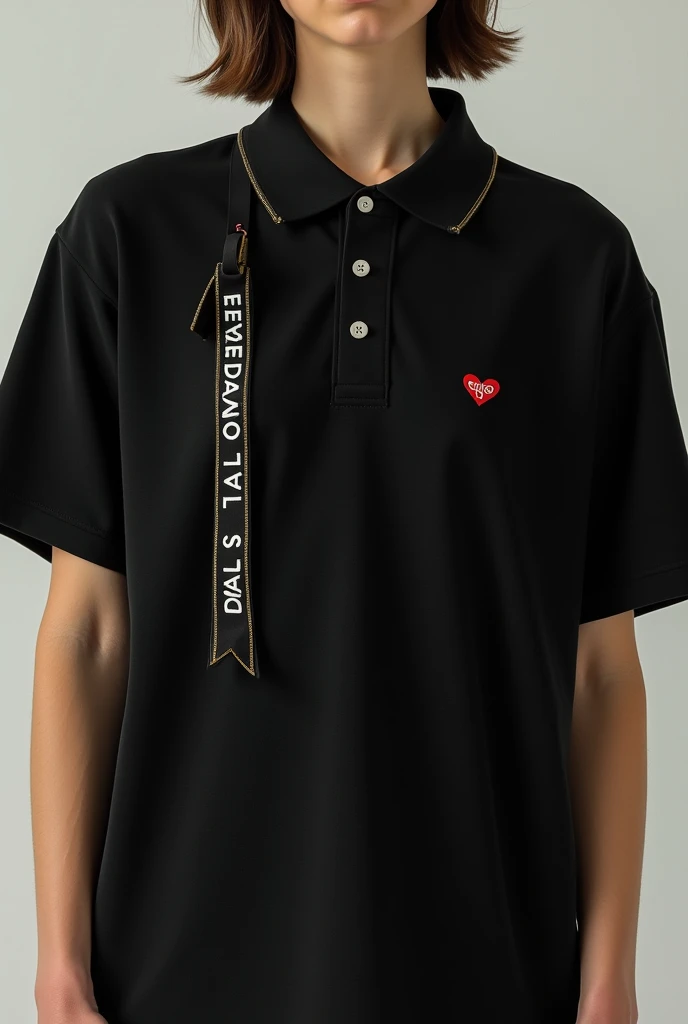 A black polo shirt with a ribbon attached writing Palest in white giving or in peace color and P with a heart on the right collar with a small red heart on the left sleeve like the stone island