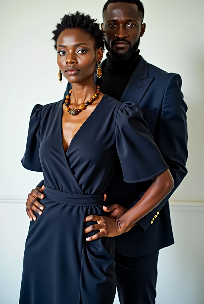 Beautiful Black woman wearing office dark blue dress. Three quarter portrait on white background. Straight posture. She wears beauty amber earrings and amber beads. A handsome man in suit stays behind her and holding her shoulders.