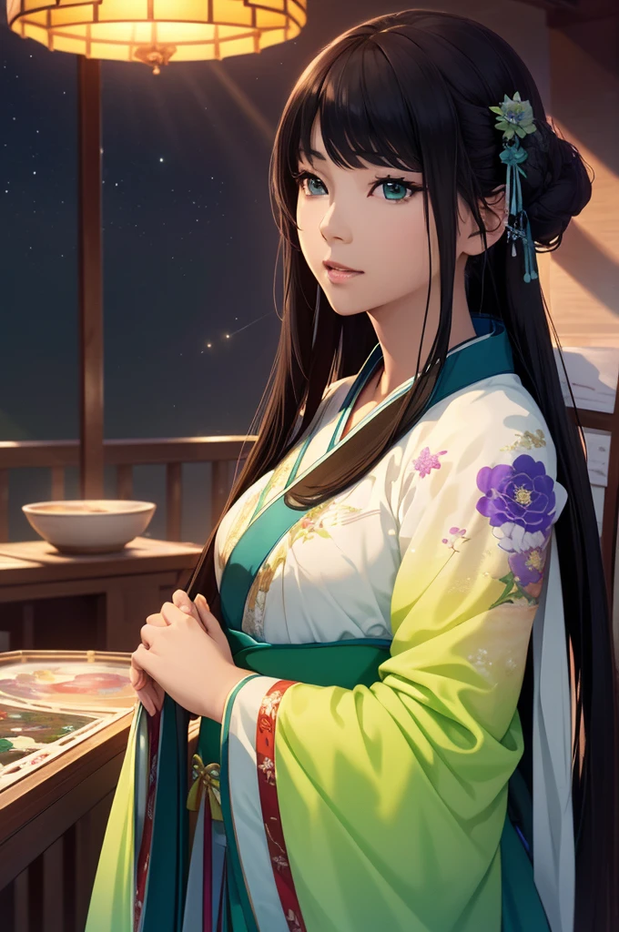Starry sky landscape、shooting star、 (Highest quality,4K,8k,High resolution,masterpiece:1.2), Very detailed, (Realistic,Realistic,Realistic:1.3), High resolution, Hyper HD, Studio Lighting, Ultra-fine painting, Sharp focus, Physically Based Rendering, Very detailed説明, Professional, Vibrant colors, Bokeh, Sports Late Night, Traditional Chinese Painting Techniques, Atmospheric lighting, Vivid color contrast, Ethereal atmosphere,Very detailed目と顔, Beautiful attention to detail, Light on the face,Hanfu 、(Hanfu: 1.1)、、(Green Eyes: 1.1)、Eyes are green、Slim figure、Small breasts、Sexy pose