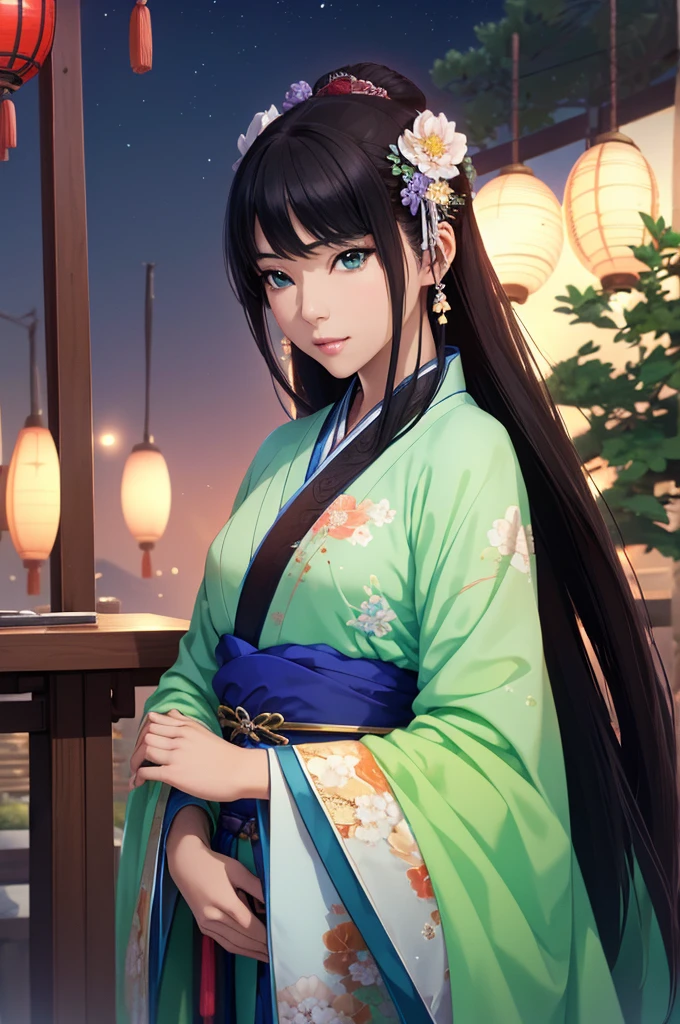 Starry sky landscape、shooting star、 (Highest quality,4K,8k,High resolution,masterpiece:1.2), Very detailed, (Realistic,Realistic,Realistic:1.3), High resolution, Hyper HD, Studio Lighting, Ultra-fine painting, Sharp focus, Physically Based Rendering, Very detailed説明, Professional, Vibrant colors, Bokeh, Sports Late Night, Traditional Chinese Painting Techniques, Atmospheric lighting, Vivid color contrast, Ethereal atmosphere,Very detailed目と顔, Beautiful attention to detail, Light on the face,Hanfu 、(Hanfu: 1.1)、、(Green Eyes: 1.1)、Eyes are green、Slim figure、Small breasts、Sexy pose
