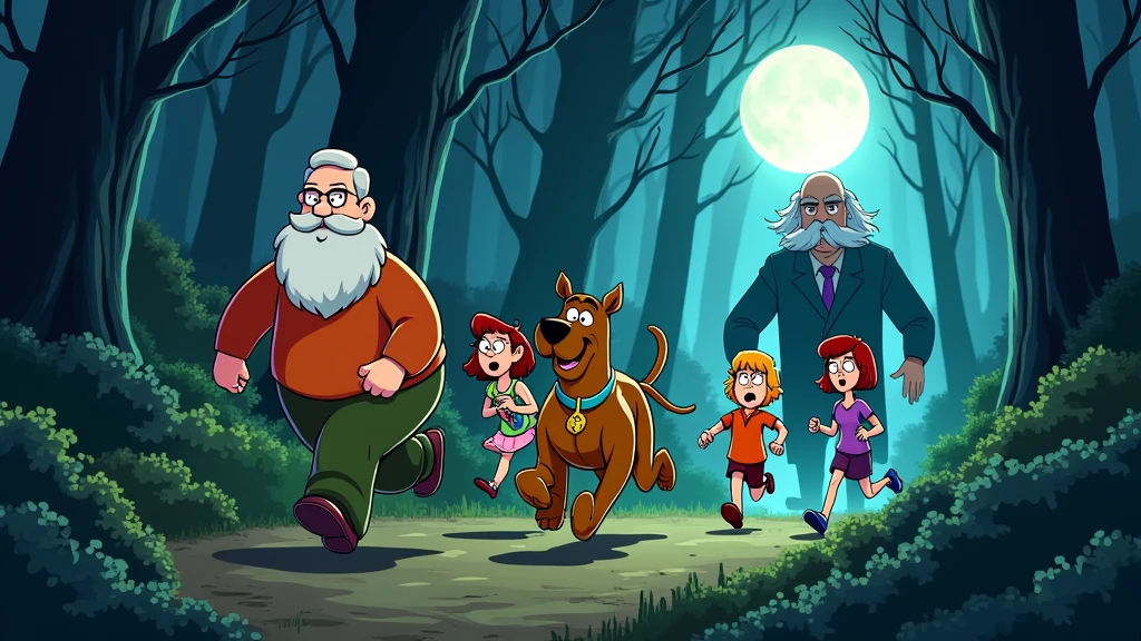 Fritz Perls, psychiatrist, slightly chubby, bald with white hair only on the sides, white bearded, bushy eyebrows, has some wrinkles. drawing version (in the style of drawing/animation "scooby doo"). He's with the Scooby Doo gang (scooby, The dog; velma, who has short dark hair, use your eyes, orange and red clothes; sausage, skinny man, Red-Haired, wears a green shirt with brown pants and is a bit hunchbacked; fred, tall, slightly muscular blond man, wears blue and white clothes; e daphne, beautfull woman, slender, redheadwear, who wears purple and green clothes) so everyone in a forest on a full moon night running from a pursuer (the stalker is sigmund freud). everyone is scared running from freud.