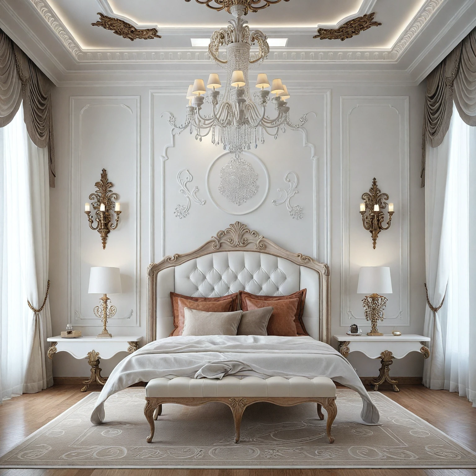 RAW photo, masterpiece, a view of a ( Bed ROOM :1.3) with a couch, chairs, and a chandelier, highly detailed interior, neo - classical style, neoclassical style, neoclassicism style, interior architect architectural visualization, neoclassical style, in style of classicism, white light sun, rendered in vray, rendered in v-ray, rendered in unreal engine 3d, (photorealistic:1.2), (photorealistic:1.5), best quality, ultra high res, architechture, (leather sofa detail:1.5), neoclassic house, (detailed railing neoclassic:1.5), luxury neoclassical villa, (mable floor details:1.5), (detailed neoclassical carpet:1.5), in the style of neoclassical scene, glass windows, best quality, (Intricate lines:1.5), ((Photorealism:1.5)),(((hyper detail:1.5))), archdaily, award winning design, (dynamic light:1.3), (day light:1.2), (perfect light:1.3), (shimering light :1.4), refection glass windows, (curved line architecture arch:1.2), photorealistic, FKAA, TXAA, RTX, SSAO, Post Processing, Post-Production, CGI, VFX, SFX, Full color,((Unreal Engine 5)), Canon EOS R5 Camera + Lens RF 45MP full-frame CMOS sensor, HDR, Realistic, Cinematic intricate detail, extreme detail, science, hyper-detail, FKAA, super detail, super realistic, crazy detail, intricate detail, nice color grading, reflected light on glass, eye-catching wall lights, unreal engine 5, octane render, cinematic, trending on artstation, High-fidelity, Viwvid, Crisp, Sharp, Bright, Stunning, ((Lifelike)), Natural, ((Eye-catching)), Illuminating, Flawless, High-quality,Sharp edge rendering, medium soft lighting, photographic render, detailed archviz, ((( BRIGHT WHITE  Tone : 3 ))), (( LIGHT NATURAL reddish-brown doussie wood ))
