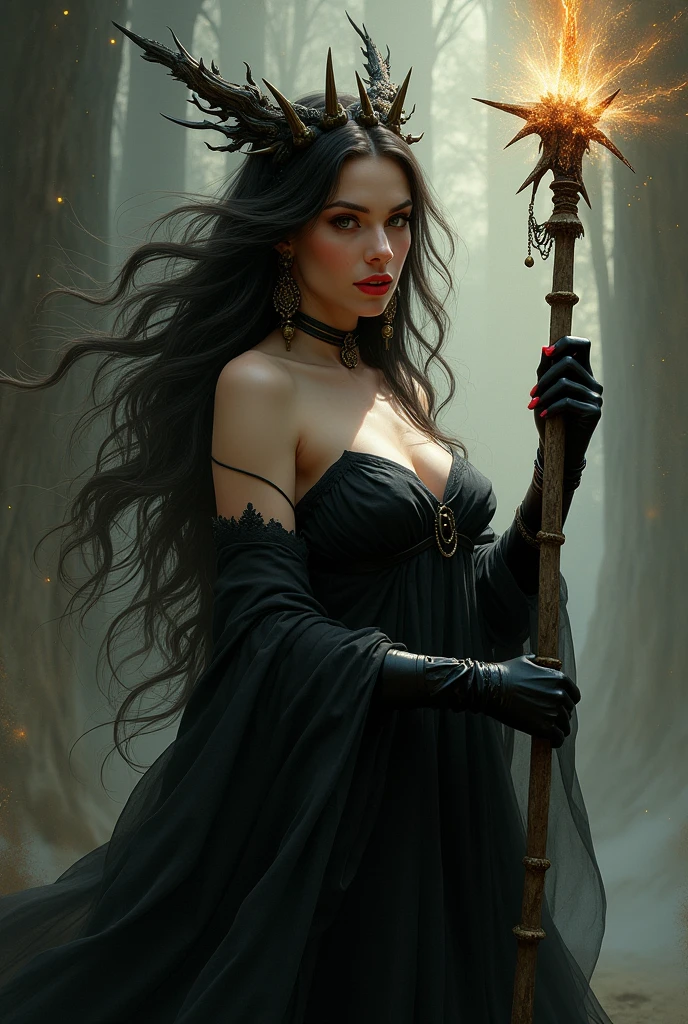 A devi woman with a black dress and a wand in her hand and with a red lipstick and a crown of spike in her head