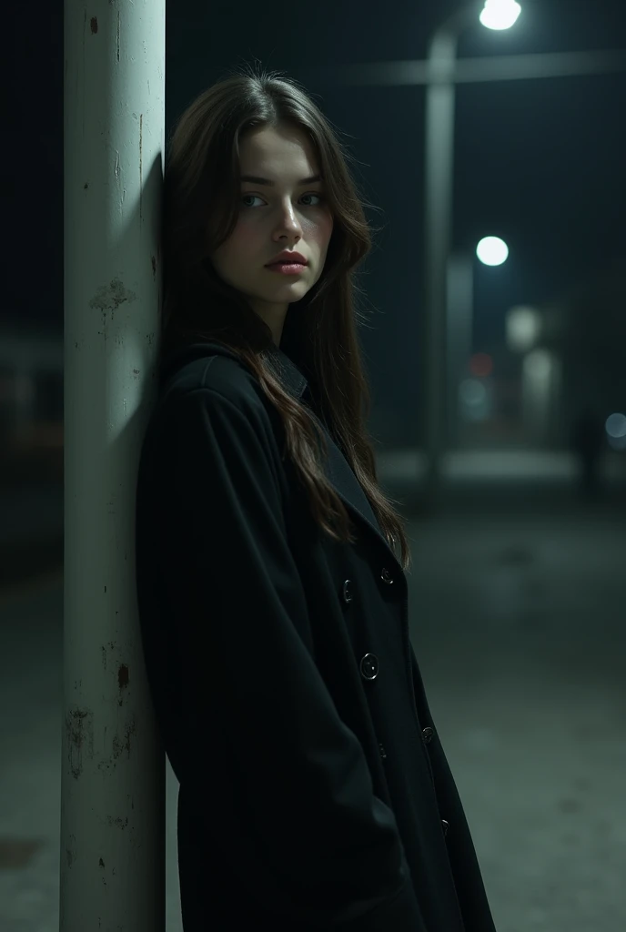 Generates a beautiful realistic young brunette sad looking straight ahead, In the darkness of the night, black jacket and black boots, WHITE POLE