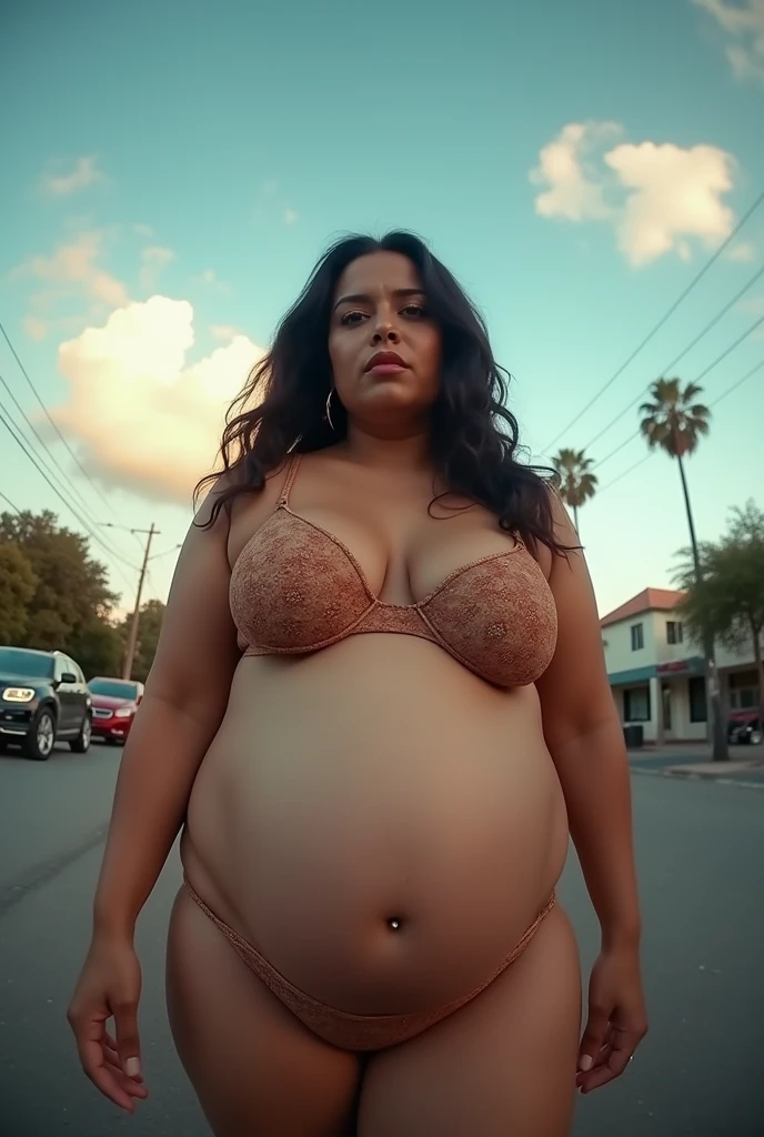 Pov when the fisheye cam view accidentally meets a Latin Brazilian mother with a curvy plus size body who looks full and is pregnant with a large stomach and wearing a jumbo sized and sagging bra on the side of the road, iphone camera style. 8k hd, realface, cinematic, highly detailed, Extreme