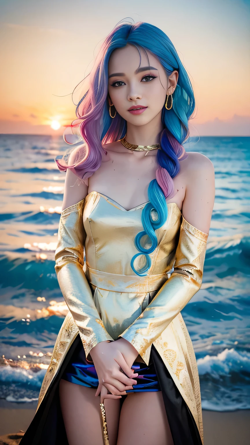 1 girl, (iridescent hair, colorful hair, half blue and half pink hair: 1.2), , blue_sky, holding a magic wand, summer (season), petals_on_liquid, black cloak with hood, red and black torn dress, skirt: 1.2, (gold long curly hair: 1.5), sky, outdoor, clouds, bangs, smile, sky blue eyes, bare shoulders, perfect hands, Hand details, repaired fingers. Earrings, sea + background, looking_at_viewer, cowboy shot, top quality, rich detail, perfect image quality, sunrise