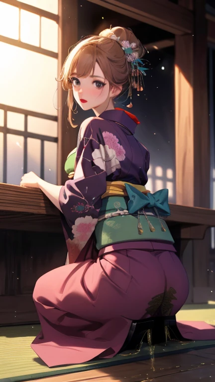 High resolution, Beautiful woman, Attention to detail, Good lighting, Obscene, conversion, ((kimono)), ((Takageta)), Put your hands behind your head、Bare thighs, Bare arms, (((Be incontinent))), (Pee), Peeの染み, (puddle), Thick thighs, Nice long legs, lipstick, Detailed face, Cute Face, Embarrassed and blushing face, Humiliated, ((On top of the watchtower)), (Squat), (Rear View),Stick your butt out,Open your knees