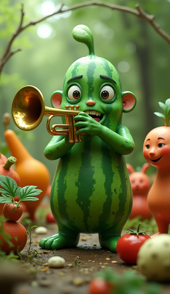 (8k, best quality, photorealistic, realisti), a male adult model with green watermelon skin and features, he is playing a trumpet in a surreal garden world surrounded by other fruit and vegetable creatures, they are all friendly and happy