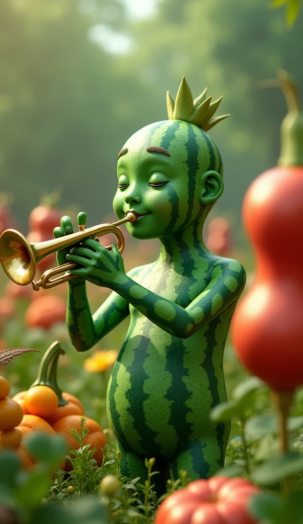 (8k, best quality, photorealistic, realisti), a male adult model with green watermelon skin and features, he is playing a trumpet in a surreal garden world surrounded by other fruit and vegetable creatures, they are all friendly and happy