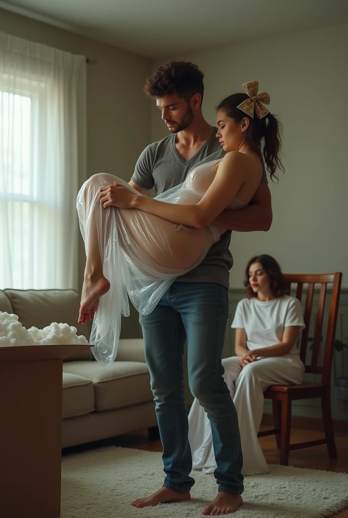 in a living room, A man in casual jeans is standing on the ground, carrying and lifting in his arms a beautiful sleeping ????? brown haired young adult European woman , Her body is wrapped in plastic and she has a gift bow on her head., The woman's body is stretched out and is on the ground, Full body view, On one side there is an open cardboard box with polystyrene, Behind them are two beautiful women sleeping, covered in plastic and sitting on a sofa., Excellent lighting, hyperrealistic quality image, high resolution