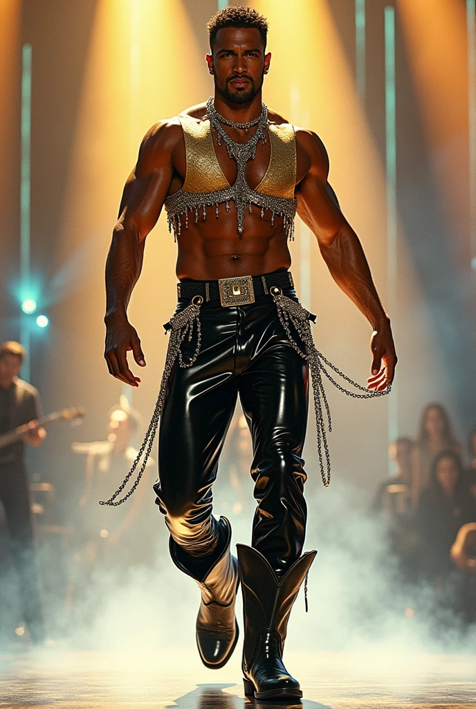 fashion croqui of a athletic black male popstar stage outfit: a metallic chains see through golden crop top with diamond details mimicking waterdrops, there's also black vinyl pants and cowboy boots.