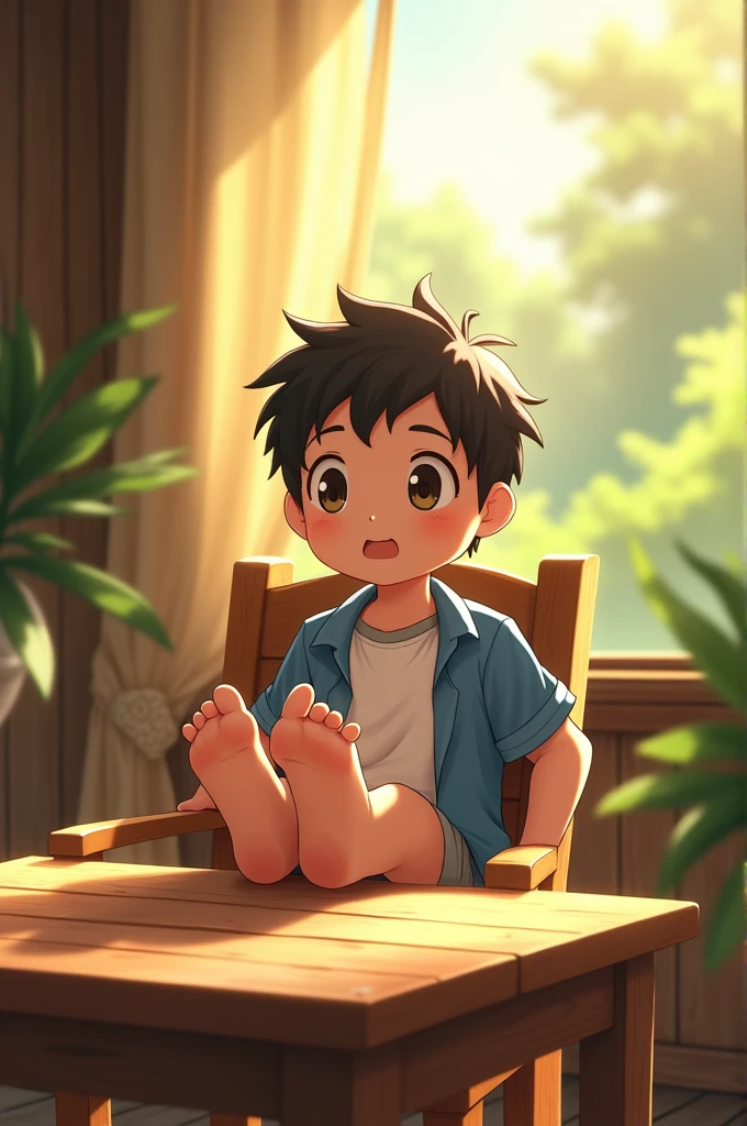 Barefoot boy with a blue shot and a white shirt sitting on a chair putting his feet on a wooden table enjoying the sun and the sun hitting his feet