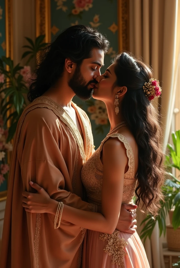 Create a beautiful indian girl called Saranya kissing Mohammed bin Salman whose chubbybsnd cute. He is the prince of Saudi Arabia.