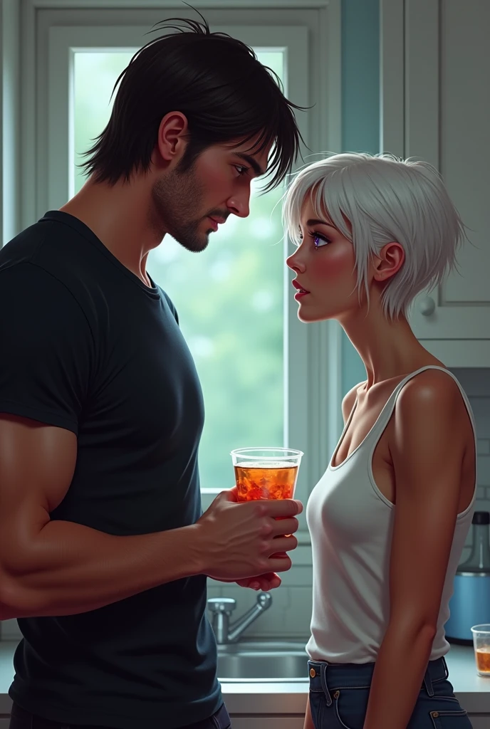 A couple fighting in the kitchen, The tall man has straight hair, and strong physique with a black shirt standing leaning against the kitchen sink he was holding a glass cup with a drink inside, and the woman in front of him, the woman has very short white hair, light brown skin and violet eyes, dressed in a tank top, white