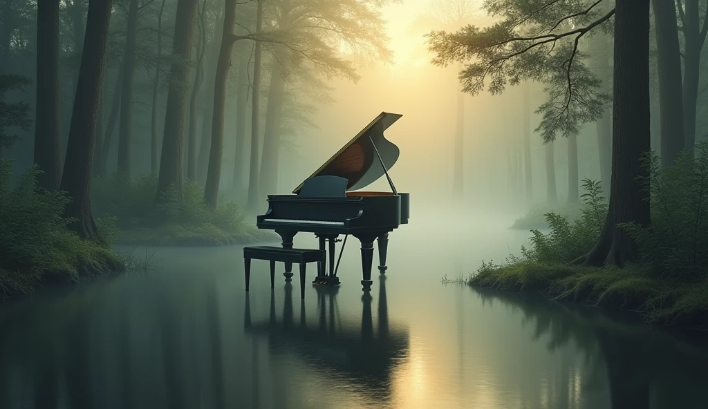 Tall tree々The painting depicts a landscape of a large black grand piano set in a forest reflected in the calm water.。The atmosphere is shrouded in mist、The light shines through the fog、Creates a warm golden glow。This image captures the peace and beauty of nature.、Fog and reflections evoke feelings of serenity and introspection.