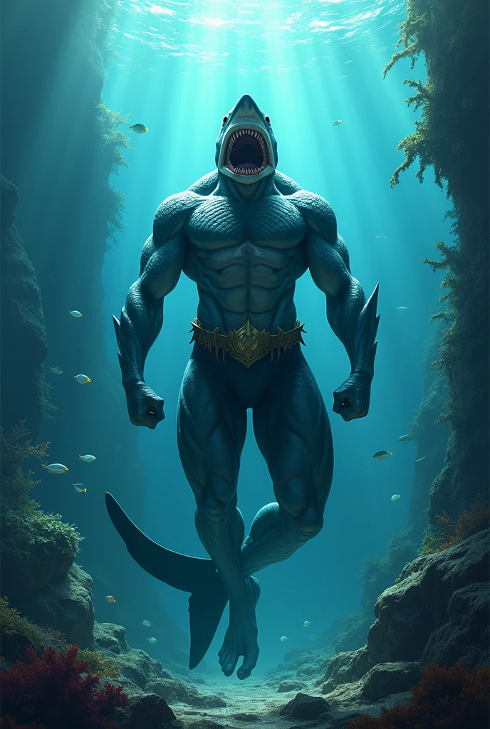 AquamanShark: Merges Aquaman’s aquatic abilities and command over sea creatures with the speed, strength, and predatory traits of a shark, enhancing underwater combat and navigation. Ultra HD high resolution 4K 