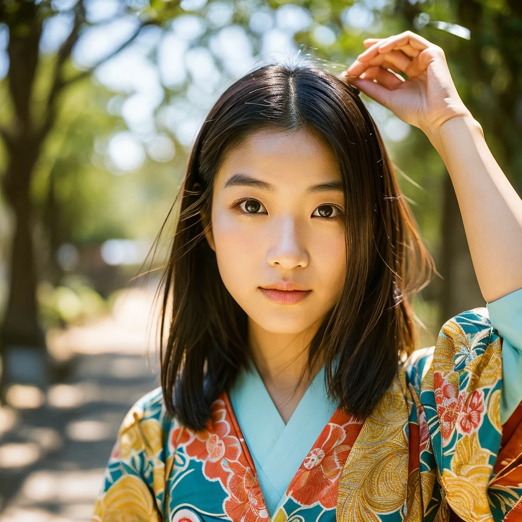 A hyper-realistic image of a single Japanese woman in her early 20s, captured with the nostalgic warmth and subtle graininess of a film camera. She is wearing a vibrant, traditional yukata with vivid colors and intricate floral patterns, exuding a distinctly Japanese elegance. Her skin has a warm beige tone with a natural, slightly rough texture that includes visible pores, fine lines, and subtle imperfections such as small blemishes, enhancing the authenticity of her look. The soft, diffused natural light complements the film-like quality, casting gentle shadows that create a timeless, organic feel. Her straight, glossy black hair is styled naturally, slightly tousled around her face, and her deep brown eyes reflect the ambient light, adding depth and emotion. The film camera effect introduces a slight grain and a softer focus, giving the image a warm, nostalgic atmosphere while maintaining the realistic texture of her skin. The yukata is richly detailed with bright, traditional motifs like cherry blossoms or cranes, and is elegantly tied with a contrasting obi, enhancing her serene and sophisticated appearance. The composition is focused solely on her, capturing the vibrant colors of her yukata and the imperfections that make her beauty truly lifelike.
