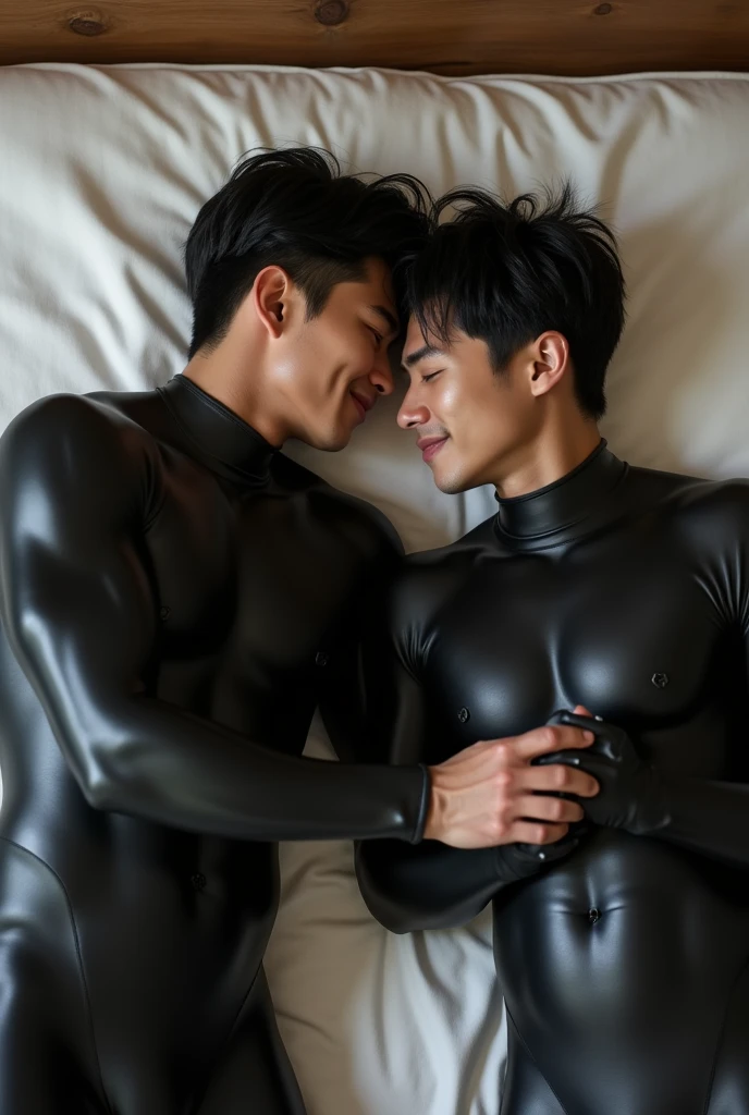 two japanese men,whole body黒のゼンタイ,Sunburn,On the mattress,masterpiece,high quality,Realistic,photograph, 最high quality,Muscular、Friendship,Simple、Super Short Hair,Biceps ,whole body ,Underarm,Shiny,shaving 、athlete,naive,Simple,Black Hand,Rugby Club,Black Neck,Gay,Lie,Reaching to the head,latex,Baby Face,smile,Sex,tongue、return、Hip、14 Talents