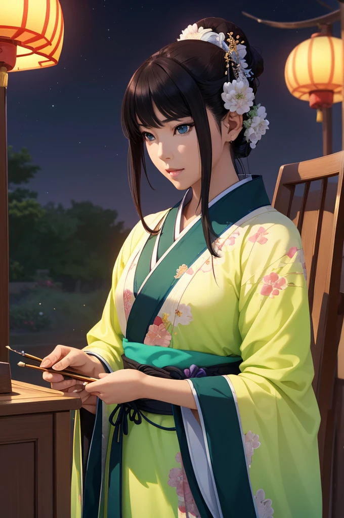 Starry sky landscape、shooting star、 (Highest quality,4K,8k,High resolution,masterpiece:1.2), Very detailed, (Realistic,Realistic,Realistic:1.3), High resolution, Hyper HD, Studio Lighting, Ultra-fine painting, Sharp focus, Physically Based Rendering, Very detailed説明, Professional, Vibrant colors, Bokeh, Sports Late Night, Traditional Chinese Painting Techniques, Atmospheric lighting, Vivid color contrast, Ethereal atmosphere,Very detailed目と顔, Beautiful attention to detail, Light on the face,Hanfu 、(Hanfu: 1.1)、、(Green Eyes: 1.1)、Eyes are green、Slim figure、Small breasts、Sexy pose