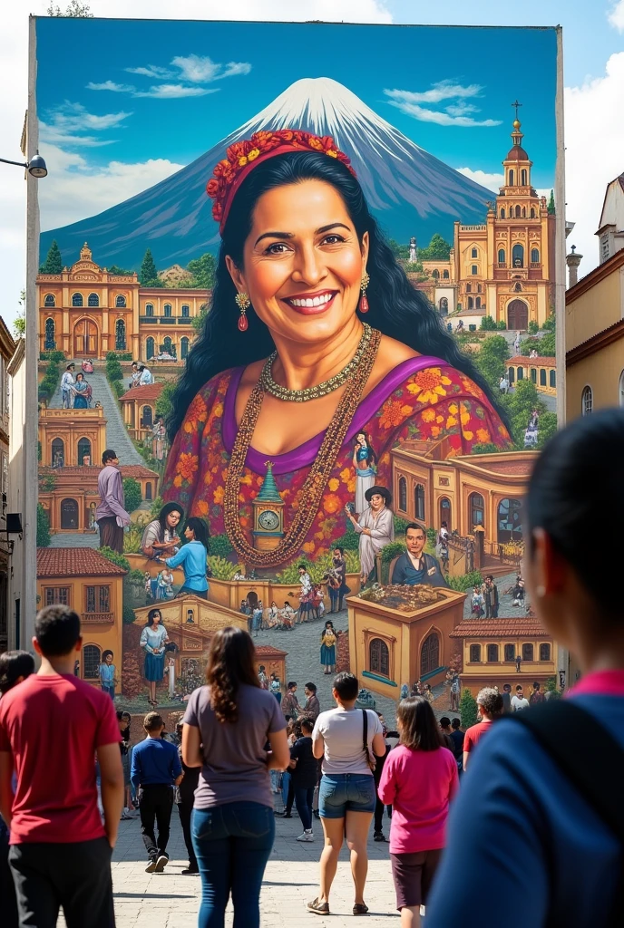A mural in the city of Arequipa depicting Maria Nieves and Bustamante, with scenes from his life and legacy. Around it, Young people and adults look at the mural with respect and admiration