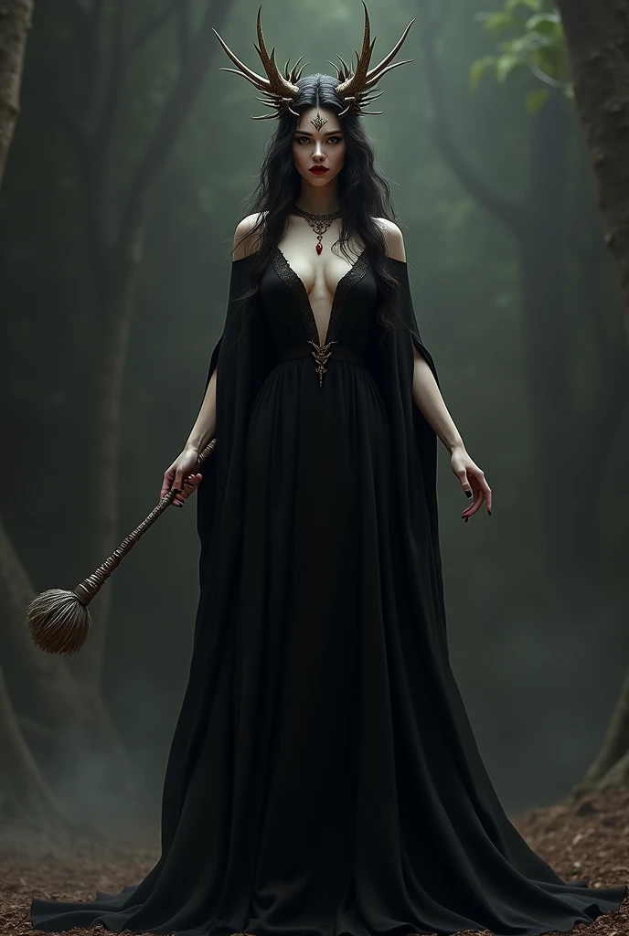 A devi woman with a fully covered black dress and a wand in her hand and with a red lipstick and a crown of spike in her head
