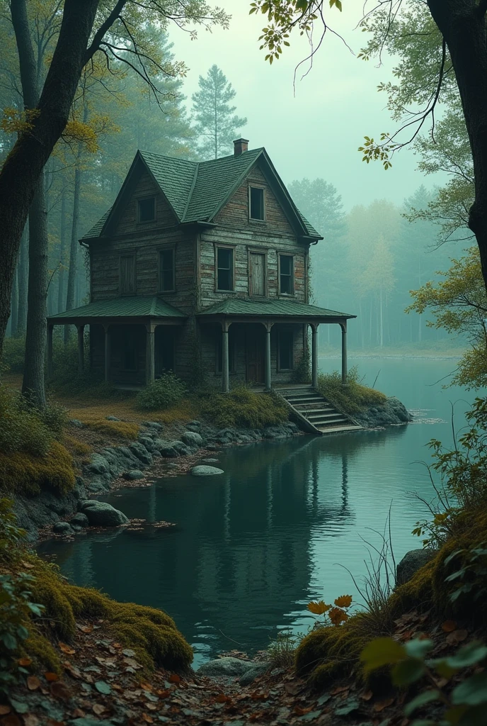 abandoned house in the middle of a forest with a lake 