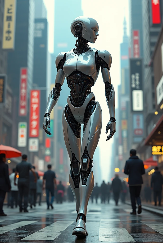 Robot ai walks on the road and many