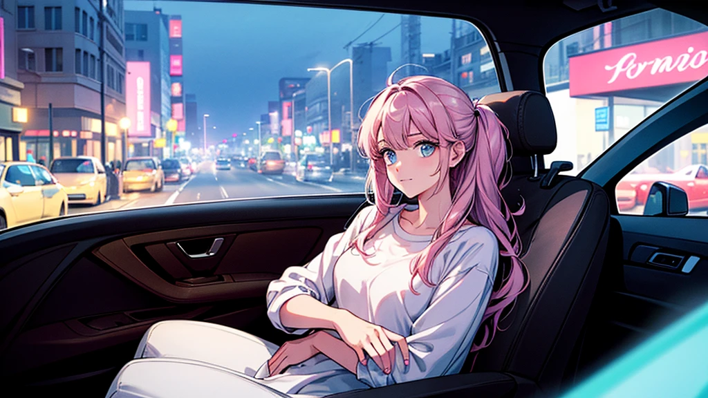 Create an image from the angle inside a car, showing a woman with a thoughtful expression on her face as she gazes out of the side window at the cityscape. The city outside should be visible, illuminated by streetlights and neon signs. Use soft, pastel colors and subtle gradients to capture a dreamy, reflective atmosphere. Ensure the interior of the car feels cozy and comfortable, adding to the overall serene vibe.futuristic city
