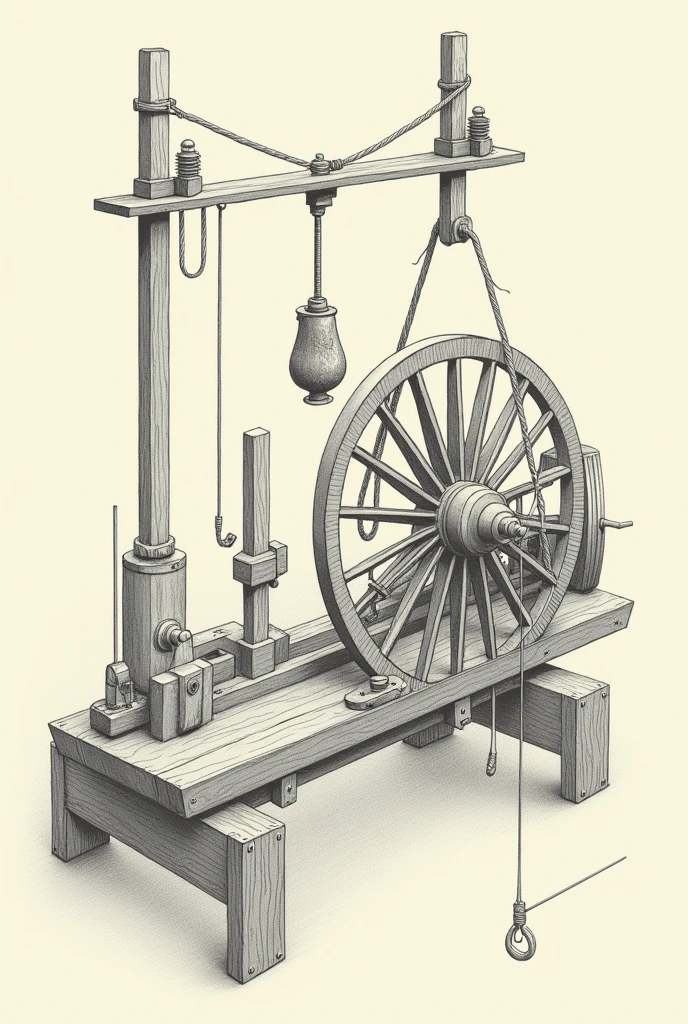 Create machine image with the following elements: Lever, Inclined plane, Cuña, wheel, pulley, screw, rope, bow and hoist. Let it be a simple drawing in 3D and 2D