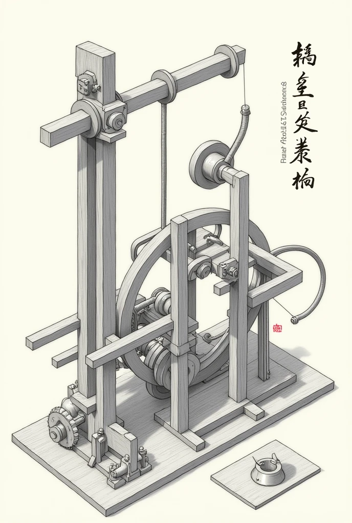 Create machine image with the following elements: Lever, Inclined plane, Cuña, wheel, pulley, screw, rope, bow and hoist. Let it be a simple drawing in 3D and 2D