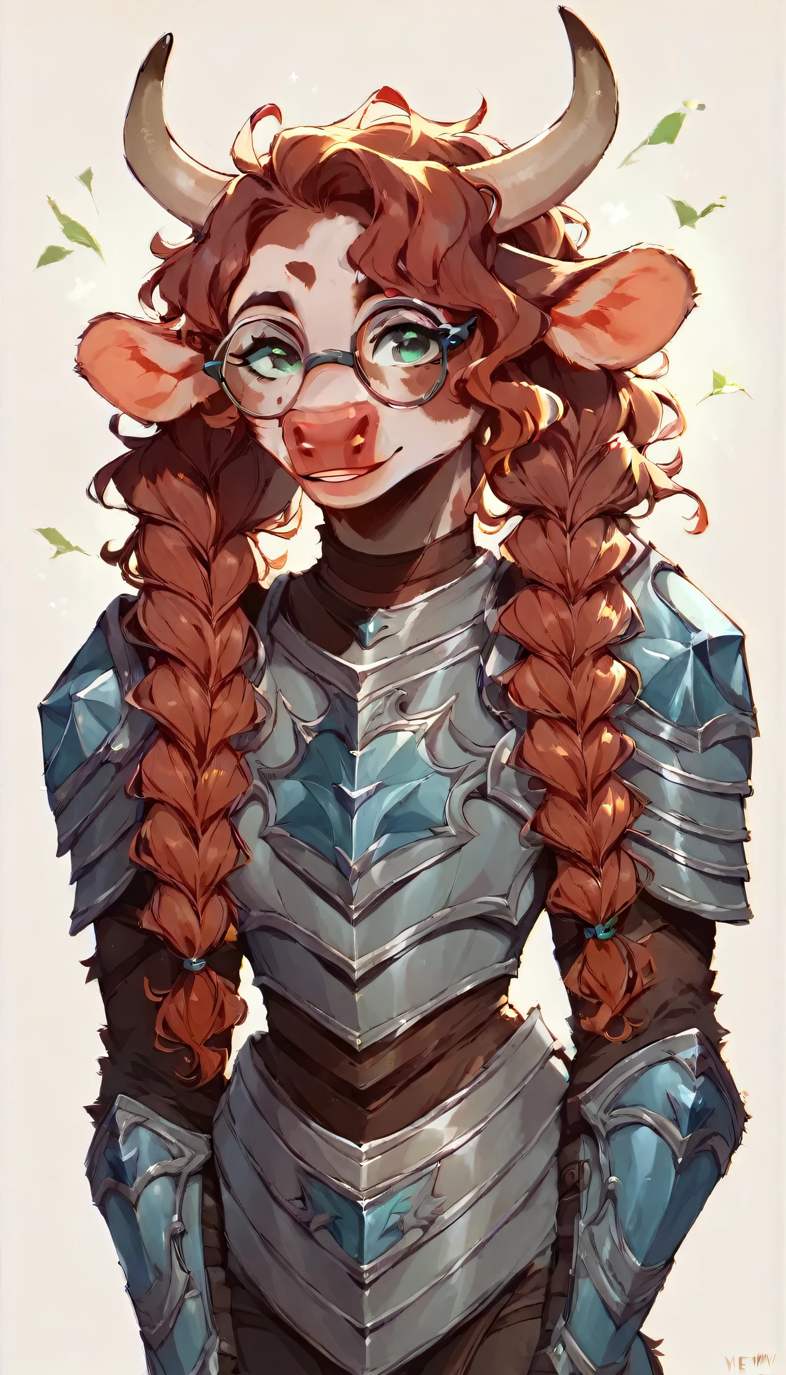 (NSFW, Revealing Bovine Armor:1.3)sexy bovine woman, Furry, spotted fur, wavy red hair, braided pigtails, glasses