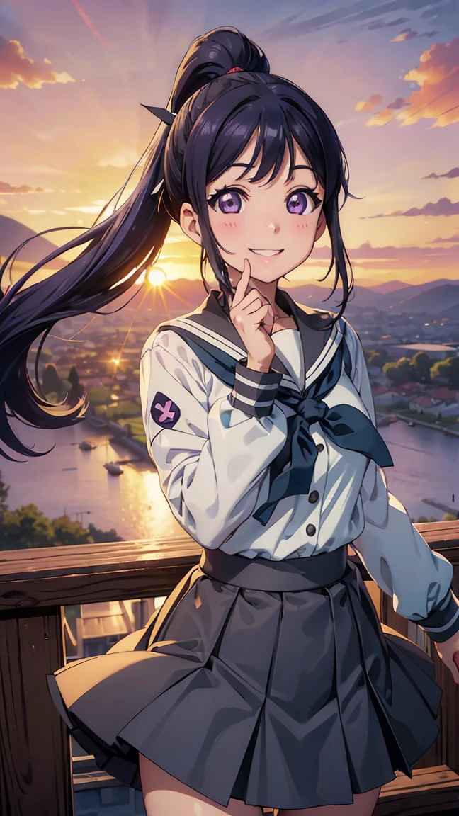 kanan matsuura, blue hair, long hair, ponytail, (purple eyes:1.1), sidelocks, bodysuit, diving suit, long sleeves, swimsuit, wetsuit, zipper, aqua neckerchief, grey sailor collar, grey skirt, miniskirt, neckerchief, pleated skirt, sailor collar, sailor shirt, school uniform, serafuku, shirt, skirt, summer uniform, uranohoshi school uniform, white shirt,---Shibuya Kanon, medium long hair, bangs, purple eyes, orange hair, hair between eyes, shirt, dress, ribbon, uniform, jacket, white shirt, open clothes, collared shirt, open jacket, red ribbon, neck ribbon, blue jacket, (((pinaform:1.5))), gray dress, Yuigaoka uniform, --------(8K, raw, highest quality, real 1.2), ultra high quality, high resolution, highest quality, perfect face, perfect limbs, perfect fingers, high resolution, (beautiful anime face, cute face, detailed face), smile of joy, smiling expression, one woman, alone, , low angle, full body composition from a distance, comfortable hair blowing in the wind, (((short skirt blowing in the wind:1.5))), (((smiling with head down:1.5))), smiling, mouth closed, brown single braid, blushing, evening, (((mainly countryside:1.5))), (((Beautiful sunset sky: 1.5))), (((Large sunset: 1.5))), (((Landscape from the top of a high mountain: 1.5))),--(((Medium bust 1.3))), (((Slim thighs 1.3))), Perfect anatomy, Perfect proportions, Nice lighting, Bright colors, Clean lines, Information, Blurred, Stunning facial expression, Restless emotions, Gorgeous and cute, Beautiful face and eyes in every detail, (Masterpiece) Beautiful face, Young and handsome girl, Really perfect skin, Blurred, Facial expression, Restless emotions, Gorgeous and cute, Beautiful face and eyes in every detail, (Audrey Hepburn), (Cute), (J-POP idol), (Thighs, (Depth of field), (Depth of field), Soft light, Sparkling lens gaze, (Droopy eyes), Straight teeth, Shy smile, Flowing hair, A scene from Blake--