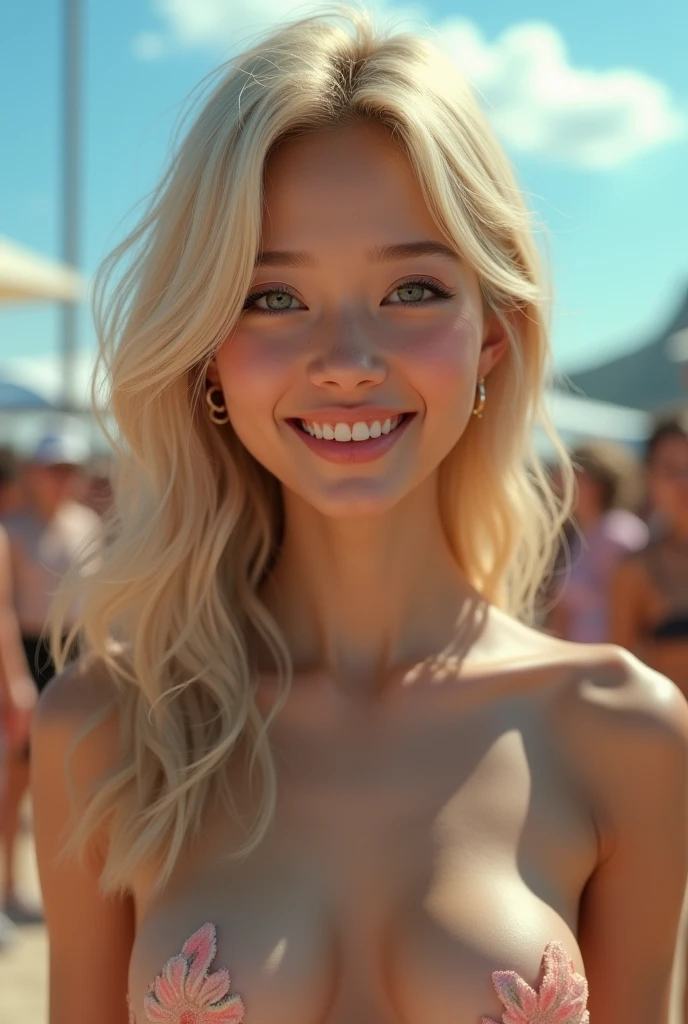 (nude:1.3), clavicle, (Highest quality),(8k, 3d),(Realistic:1.4), (Film Grain:1.3), Incredibly absurd, masterpiece, ((Very detailed, Ultra Skin Details)),(Ultra Skin Details), Strong Rim Light, (Shadowed face), Blonde, hair, (public:1.5),(Outdoor, street), (audience:1.4),(Outdoor, blue sky, Asian), Three-quarter portrait,((Slim girl)),Captivating smile,((Depth of written boundary)), (Small breasts),((Sweat)) Detailed face