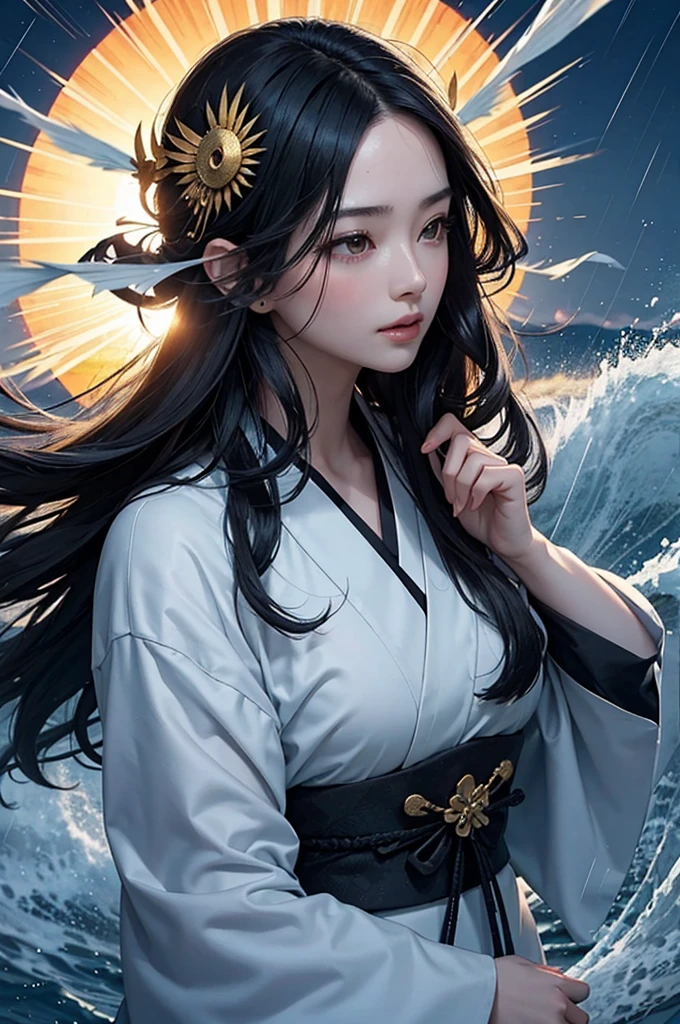 A black-haired woman in a kimono uses wind magic to fly into the sky, manipulate water, and blow away the rain. A bust-up of a beautiful woman with flowing hair calling for the sun.