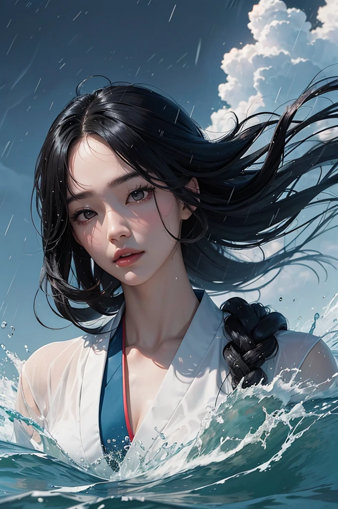 A black-haired woman in a kimono uses wind magic to fly into the sky, manipulate water, and blow away the rain. A bust-up of a beautiful woman with flowing hair calling for the sun.
