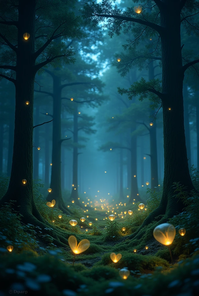 create a beautiful forest at night with beautiful firefly lights