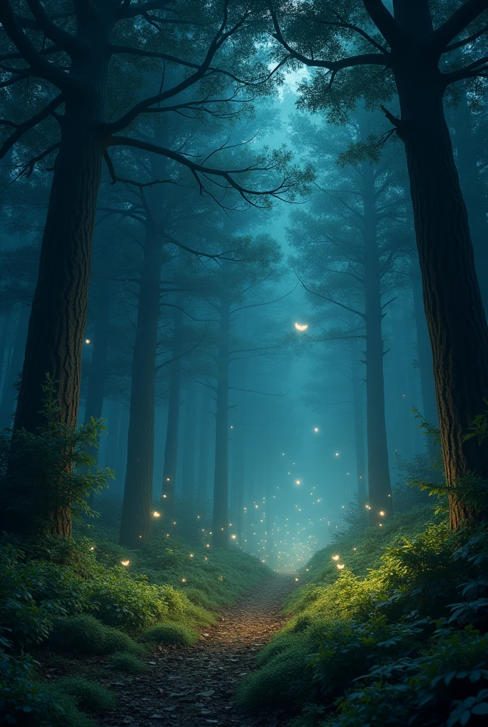 create a beautiful forest at night with beautiful firefly lights